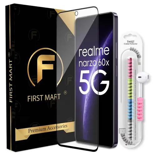 FIRST MART Premium Tempered Glass for Realme Narzo 60X 5G / Realme 11X 5G / Nord CE 3 5G with Edge to Edge Coverage and Cable Protector and Easy Installation Kit, Pack of 1