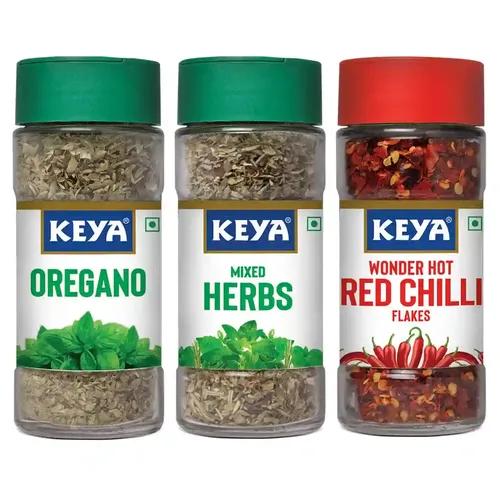 KEYA Combo of Oregano (9 G), Mixed Herbs (20 G) and Red Chilli Flakes (40 G)