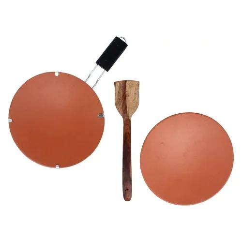 KSI Earthenware Clay Tawa with Stand Mitti Ka Tawa Organic Clay Tawa with Handle Terracotta Handmade Clay Tawa for Cooking with Extra Tawa Plate and Wooden Spatula Earthen Cookware (10inch)