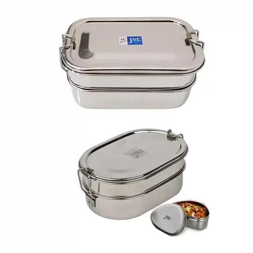 Jvl Stainless Steel Rectangular Shape Double Layer Lunch Box With Inner Plate & Small Oval Shape Lunch Box With Mini Container Not Leak Proof - Pack Of 2