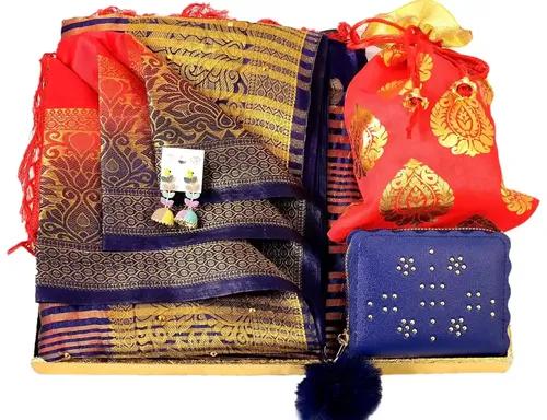 Rakhi Gift For Sister/Rakshabandhan Gift/Birthday Gift For Sister/Gift For Sister/Gift For Girls-Decorated Tray+Chocolates In A Potli+Beautiful Saree+Earring Set+Premium Ladies Wallet+Greeting Card