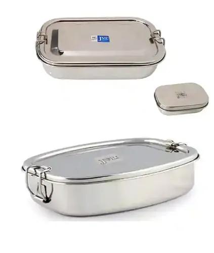 Jvl Stainless Steel Rectangular Single Layer Lunch Box With Small Container & Big Deluxe Single Layer Lunch Box With Inner Plate Not Leak Proof - Pack Of 2