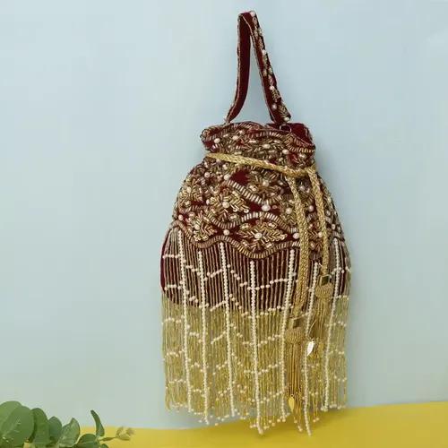 Evening Heavy Embroidery Potli Bag For Women - Maroon