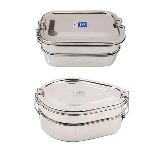 Jvl Stainless Steel Rectangular & Drop Shape Double Layer Lunch Box With Inner Plate - Set Of 2