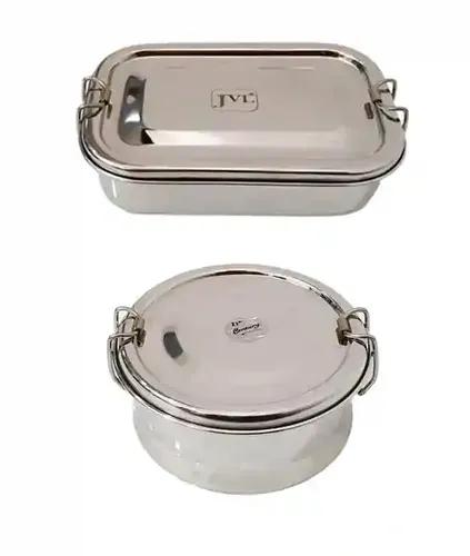 Jvl Stainless Steel Rectangular Single Layer Lunch Box With Inner Plate & Big Round Lunch Box Not Leak Proof - Pack Of 2