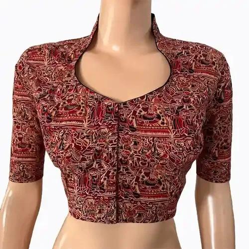 Printed Cotton High Neck Blouse - Multicolor S