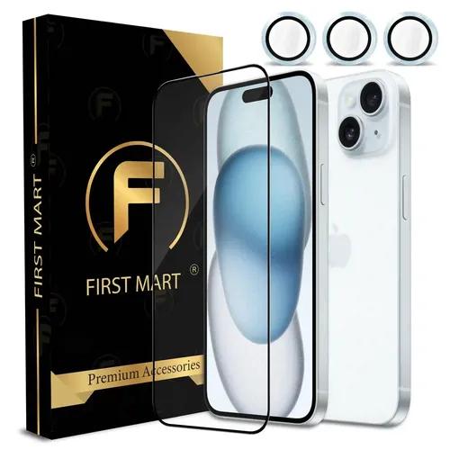 FIRST MART for iPhone 15 Plus Tempered Glass and 1 Set of Individual Blue Camera Rings Protectors, 2.5D Curved Edges, Full-Coverage Military-Grade Protection, Scratch Resistant | Blue Rings