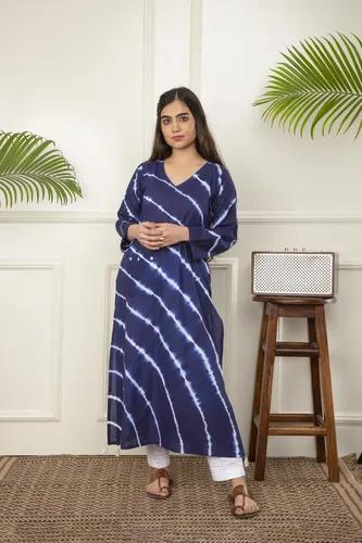 Blue Leheriya Tie And Dye Cotton A-Line Kurta - X-Small