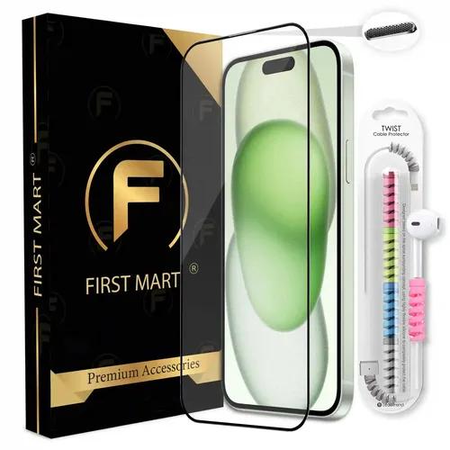 FIRST MART Premium Tempered Glass for iPhone 15 Plus Edge to Edge Screen Coverage, Speaker Mesh Dust Filter & Cable Protector with Easy Installation Kit