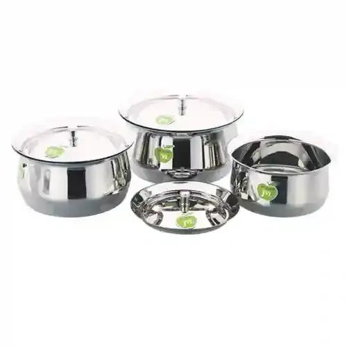 Stainless Steel Cooking Classic Handi Pot Vessel with Plain Bottom with Lid - Set of 3