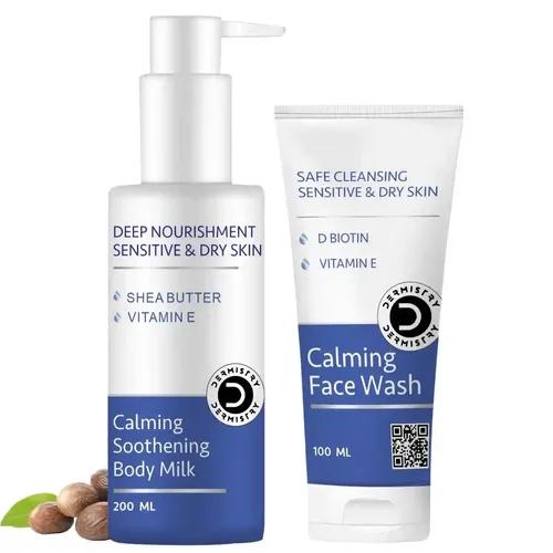 Dermistry Calming Soothing Body Milk Lotion Sensitive & Dry Skin Deep Nourishment Moisturizer & Calming Soothing Creamy Mild Safe Moisturizing Soap Free Face Wash Safe Gentle Cleansing And Sulphate Free And D Biotin Vitamin E And Shea Butter, Vitamin E Non-Greasy, Repairs Smoothens And Suits Combination & All Skin Types For Men & Women ( Pack Of 2 - 300 Ml )