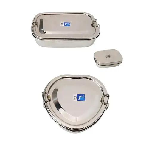 Jvl Stainless Steel Rectangular Single Layer Lunch Box With Small Container & Big Heart Lunch Box With Inner Plate Not Leak Proof - Pack Of 2