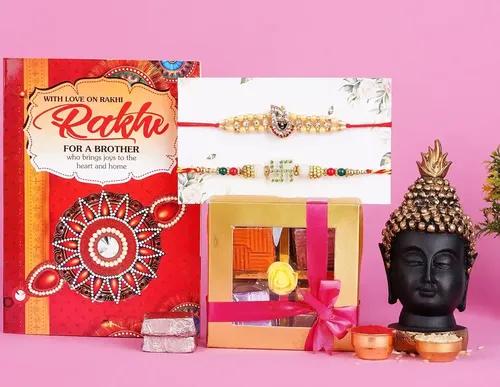 Rakhi For Brother/Rakhi For Brother With Gift/Rakhi For Brother And Bhabhi/Rakhi Gift-2 Kundan Rakhi+Chocolate Box In A Handmade Box+Showpiece Figurine+Roli, Chawal+Rakhi Greeting Card