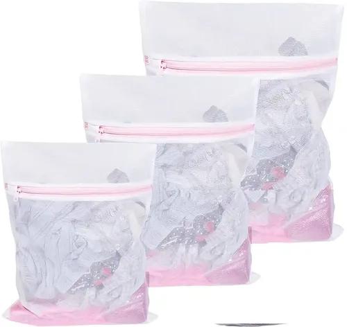 FAB ELLITE Mesh Laundry Clothes Washing Bag With Zipper For Washing Machine Delicates In-Wash Cleaning (Set Of 3), Pink