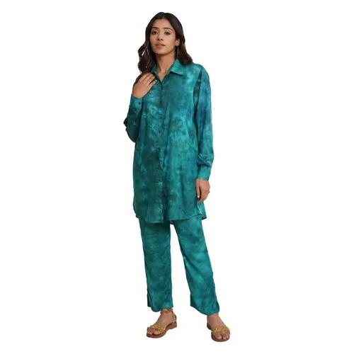 Teal Green Tie And Dye Rayon Long Co-Ord Set (Set of 2) - X-Small