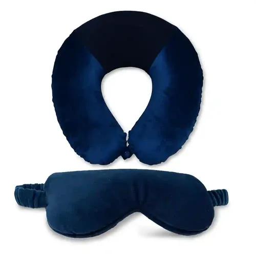 Sleepsia Memory Foam Travel Neck Raised Pillow With Comfortable Blue Velvet Eye Mask Combo - Head Rest Pillow For Neck With Ultra Soft Lightblocker Eye Mask,Long Road Trip, Flights