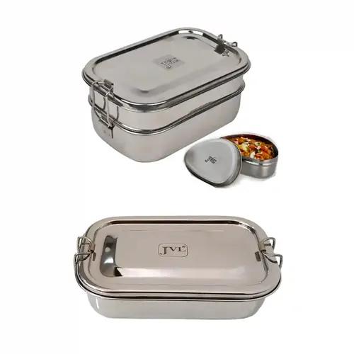 Jvl Stainless Steel Rectangular Single Layer Lunch Box With Inner Plate & Rectangular Double Layer Lunch Box With Small Container Not Leak Proof - Pack Of 2