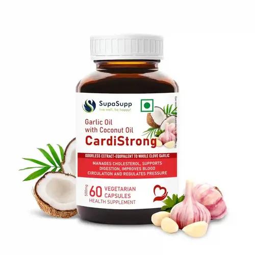 Sri Sri Tattva Supa Supp Garlic Oil With Coconut Oil 60 Veg Cap, 500 Mg - Cardistrong | Manages Cholesterol, Supports Digestion, Improves Blood Circulation And Regulates Pressure | Health Supplement