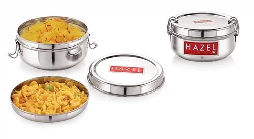 HAZEL Stainless Steel Traditional Design Tiffin Lunch Container with Locking Clip Set of 2, 500 & 700 ML