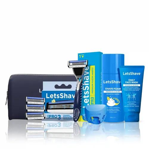 LetsShave Pro 3 Gift Set For Men- Razor Handle With Pro 3 Blades - Pack Of 4, Face Wash 30Ml Foam -200G, Travel Pouch And Free Travel Cap| Complete Shaving Kit For Men