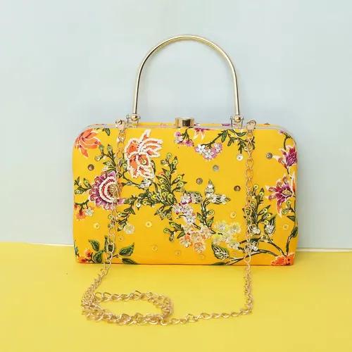 Big Box Evening Printed With Embroidery Clutch For Women - Yellow