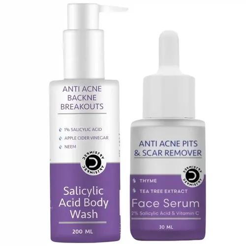 Dermistry 1% Salicylic Acid Back Acne Body Shower Gel Wash &  2% Salicylic Acid Anti Acne Face Serum  | Neem Apple Cider Vinegar Niacinamide And Tea Tree Ext & Vitamin C And Oil Free | Pits Scars Pimples Blemishes Dark Spots Remover And Men & Women ( Pack Of 2 - 230 Ml )