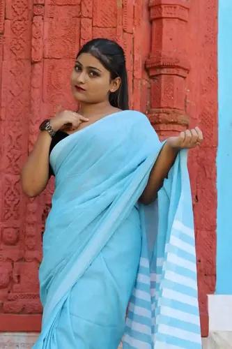 Pure Cotton Pallu Stripes Saree - Sky Blue