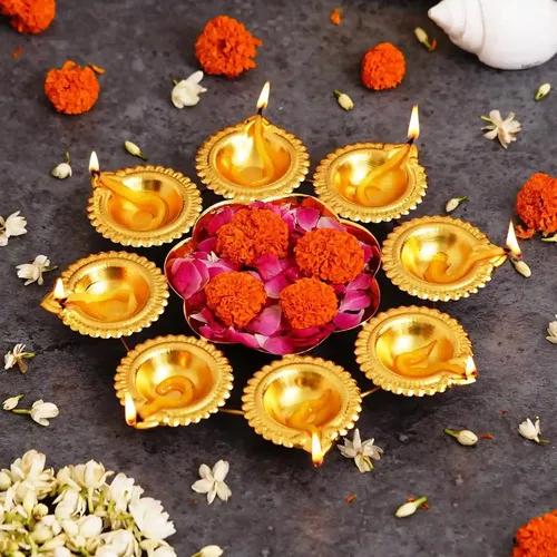 WEBELKART Diya Shape Flower Decorative Urli Bowl for Home Decor Bowl for Floating Flowers and Home,Office and Table Decor| Diwali Decoration Items - (10 inches - Gold Plated)