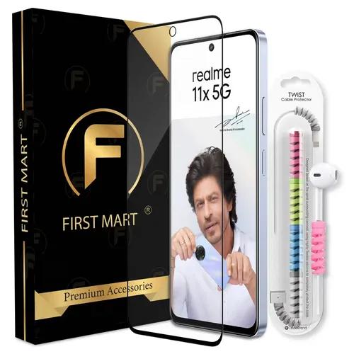 FIRST MART Premium Tempered Glass for Realme 11X 5G / Realme 11 5G / Narzo 60X 5G with Edge to Edge Coverage and Cable Protector and Easy Installation Kit, Pack of 1