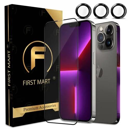 FIRST MART for iPhone 13 Pro Max Tempered Glass and 1 Set of Individual Black Camera Rings Protectors, 2.5D Curved Edges, Full-Coverage Military-Grade Protection, Scratch Resistant | Black Rings