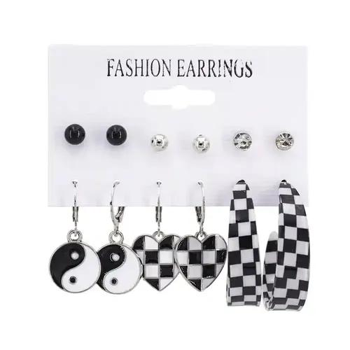 Checkered Black & White Earring Set (Set of 6pairs)