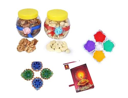 MANTOUSS Diwali Dry Fruit Decorated Jar-Cashew and Walnut(100gms Each),200 GMS + 2 earthern Diya, Diwali Greeting Card and Rangoli Colours